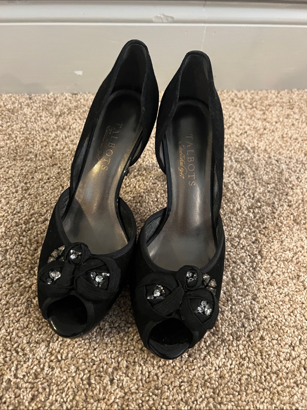 Talbots Black Peep-Toe Heels with Floral Crystal Accents
